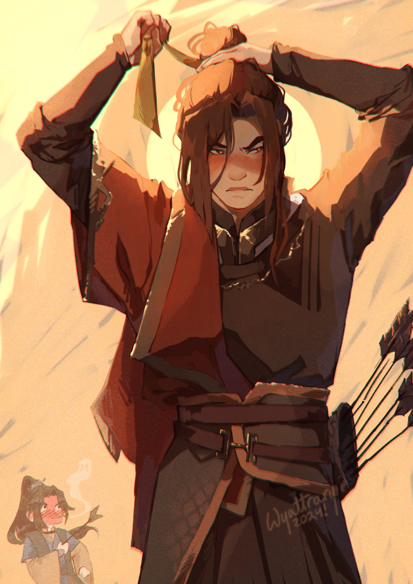 2boys, armor, arrow_(projectile), belt, blush, brown_belt, brown_hair, brown_hanfu