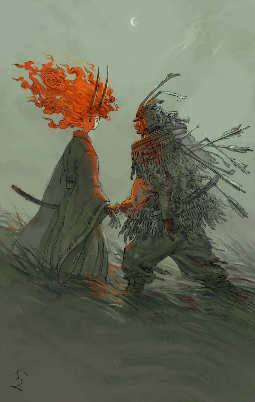 1boy, 1girl, absurdres, armor, arrow_(projectile), arrow_in_body, blood, blood_on_clothes