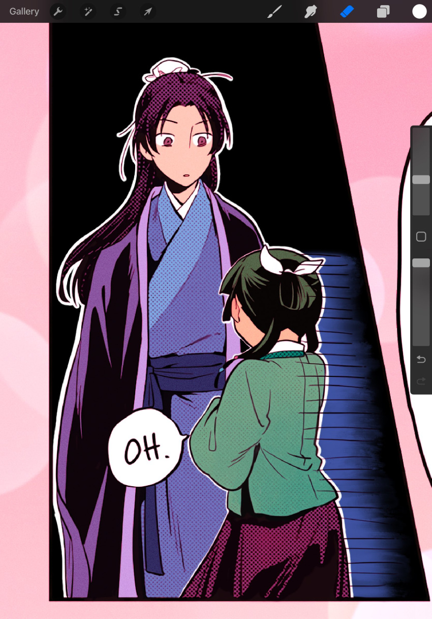 1boy, 1girl, chinese_clothes, colorized, drapsmann_2604, dress, english_text, green_hair