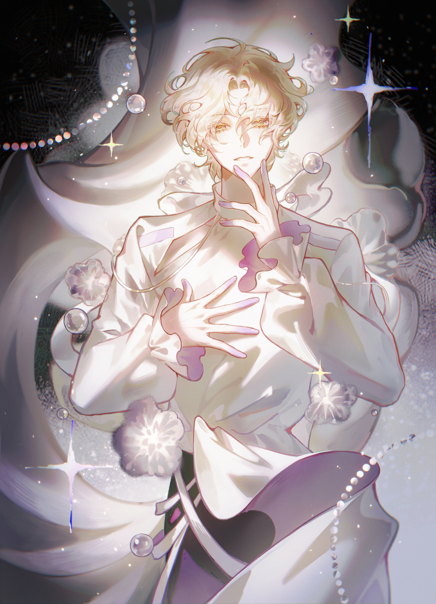 1boy, absurdres, alien_stage, bishounen, black_pants, blonde_hair, bubble, chinese_commentary