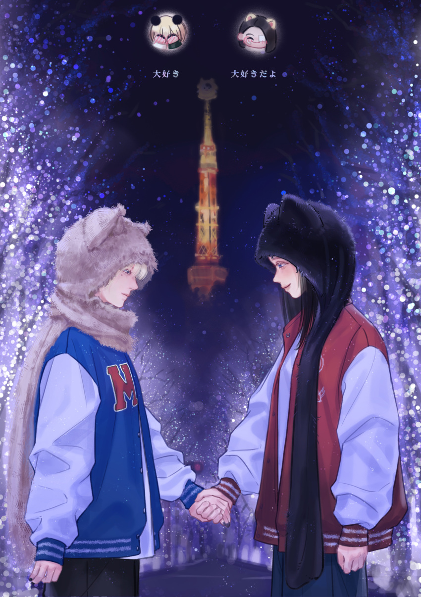 2girls, absurdres, baby_walkure, black_eyes, black_hair, black_nails, black_pants, blonde_hair