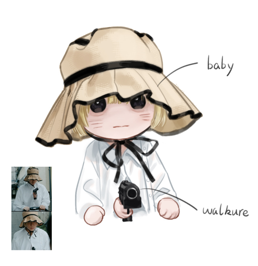 1girl, baby_walkure, black_eyes, blonde_hair, blush, brown_hat, bucket_hat, chinese_commentary