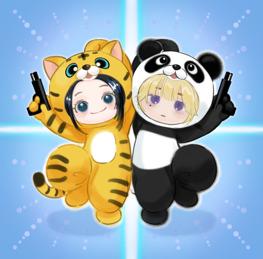 2girls, animal_costume, animal_print, arm_up, baby_walkure, black_eyes, black_hair, blonde_hair
