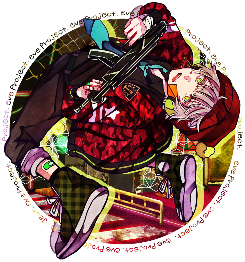 1boy, absurdres, artist_request, assault_rifle, bandaid, bandaid_on_leg, beanie, black_footwear