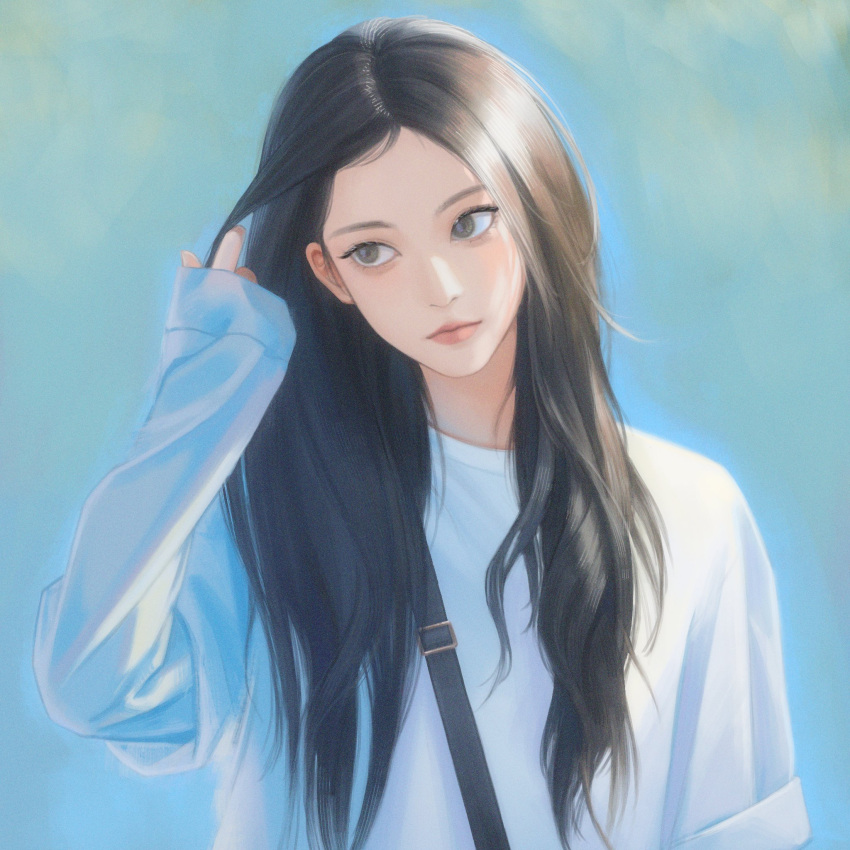 1girl, black_eyes, black_hair, blue_background, closed_mouth, commentary, haerin_(newjeans), highres, k-pop, layered_sleeves, long_hair, long_sleeves, newjeans, real_life, shirt, short_over_long_sleeves, short_sleeves, sleeves_past_wrists, solo, upper_body, white_shirt, zpyzephyr