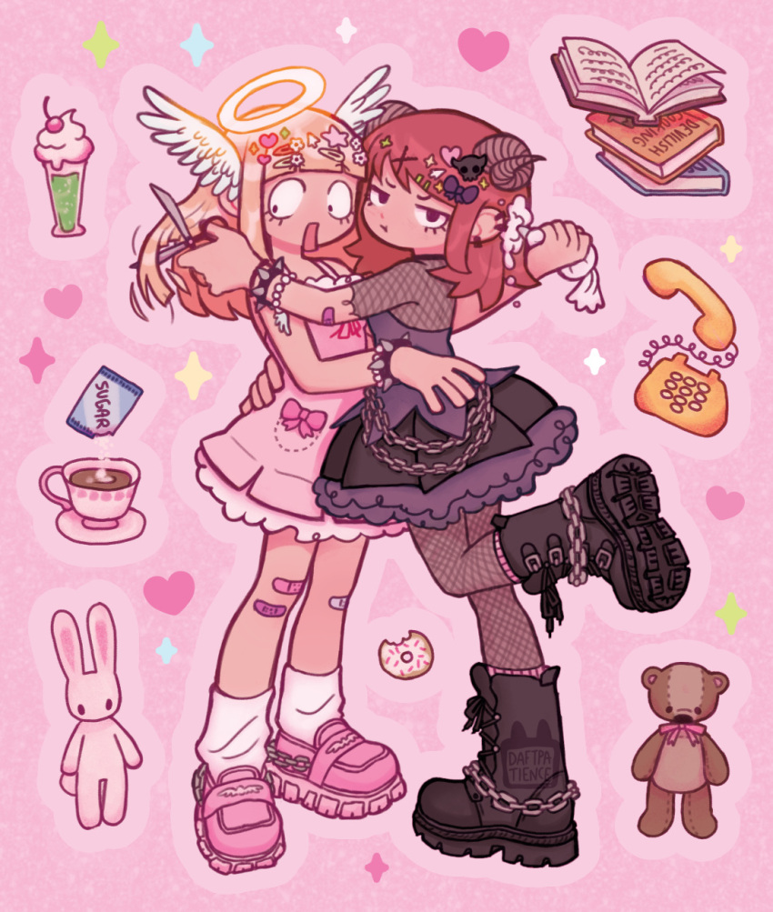 2girls, angel, angel_(devilish_hairdresser), angel_and_devil, blonde_hair, book, bracelet, cup