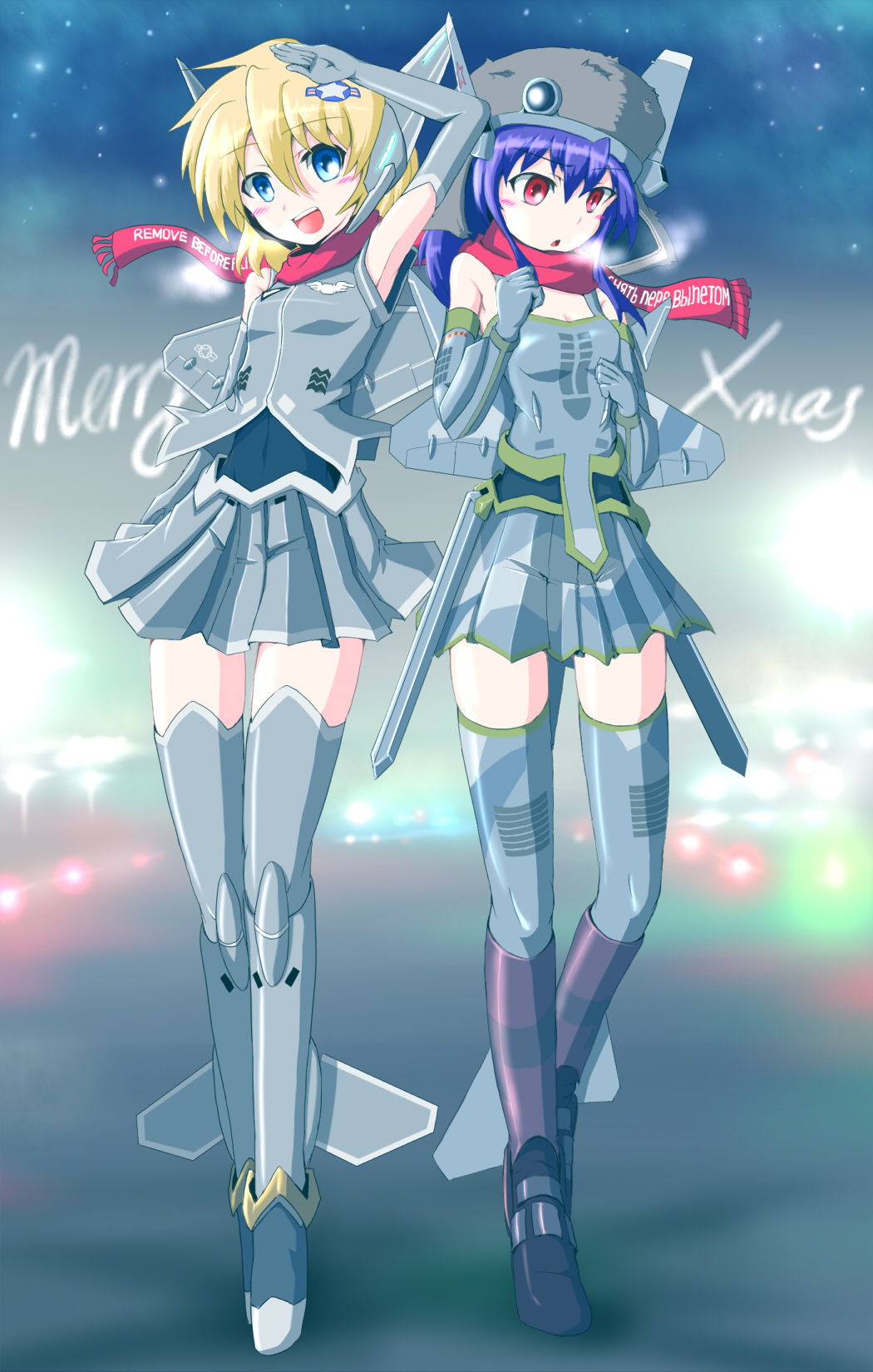 blonde_hair, blue_eyes, blue_hair, christmas, english, f-22, highres, mecha_musume