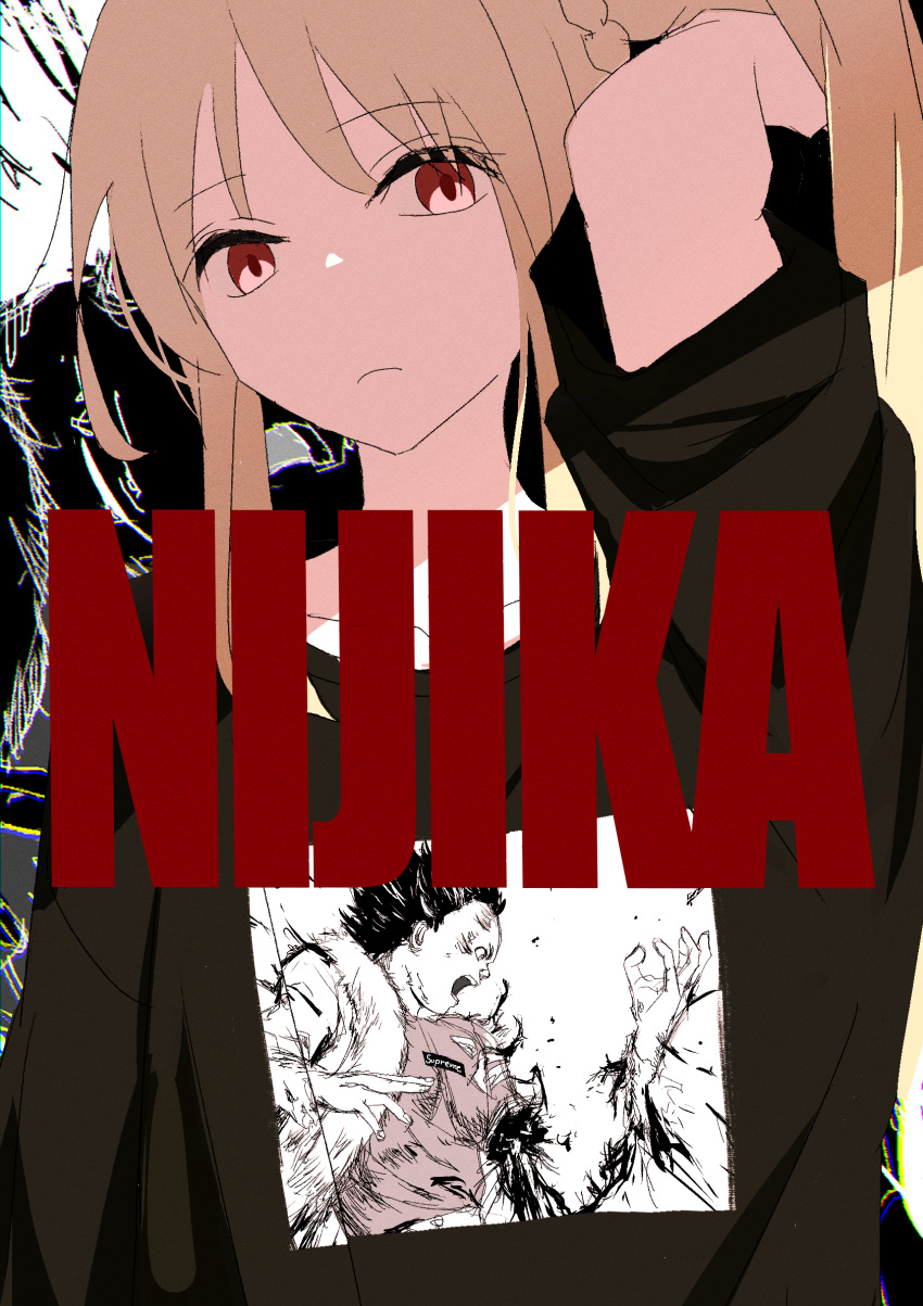 1girl, arm_up, black_shirt, blonde_hair, bocchi_the_rock!, character_name, closed_mouth, collarbone