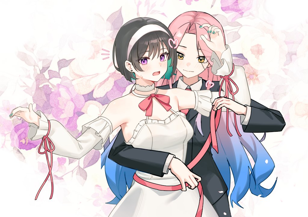 2girls, alien_stage, alternate_costume, aqua_nails, arm_around_waist, artist_collaboration, bare_shoulders, black_jacket