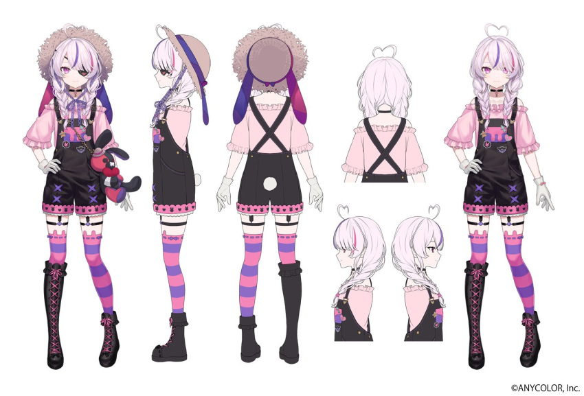 1girl, ahoge, asymmetrical_footwear, black_choker, bow, braid, choker, commentary, english_commentary, eyepatch, glove_bow, gloves, hat, heart, heart_ahoge, horizontal-striped_thighhighs, lq_saku, maria_marionette, maria_marionette_(3rd_costume), multicolored_hair, nijisanji, nijisanji_en, off-shoulder_shirt, off_shoulder, official_alternate_costume, official_alternate_hairstyle, official_art, one_eye_covered, overall_shorts, overalls, pink_bow, pink_shirt, second-party_source, shirt, sir_ventrilo_(maria_marionette), straw_hat, streaked_hair, striped_clothes, striped_thighhighs, stuffed_toy, thigh-highs, twin_braids, virtual_youtuber