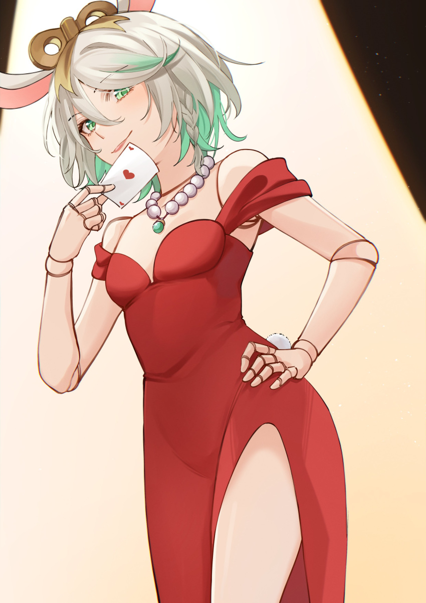 1girl, absurdres, alternate_costume, animal_ears, bare_arms, bare_shoulders, bead_necklace, beads, braid, card, cecilia_immergreen, closed_mouth, colored_inner_hair, commentary, cosplay, cupcake_(liar's_bar), cupcake_(liar's_bar)_(cosplay), doll, doll_joints, double-parted_bangs, dress, evening_gown, green_eyes, green_hair, grey_hair, hair_between_eyes, hair_ornament, hand_on_own_hip, hand_up, highres, holding, holding_card, hololive, hololive_english, jewelry, joints, liar's_bar, looking_at_viewer, mittsu, multicolored_hair, necklace, off-shoulder_dress, off_shoulder, playing_card, rabbit_ears, rabbit_tail, red_dress, short_hair, side_braid, side_slit, single_braid, smile, solo, spotlight, streaked_hair, tail, virtual_youtuber, winding_key