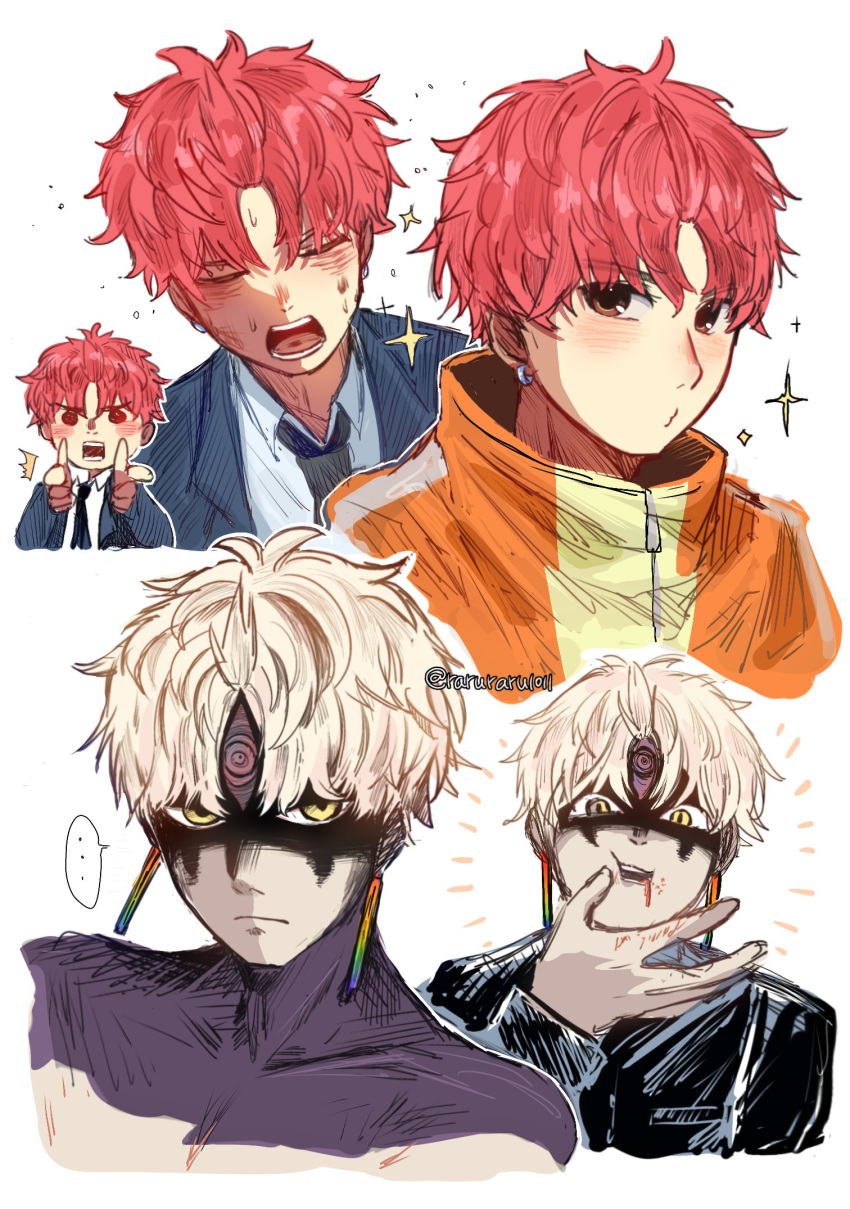 ..., 1boy, alternate_form, black_necktie, blue_jacket, blush, brown_eyes, closed_eyes, closed_mouth, collared_shirt, commentary, dandadan, earrings, evil_eye_(dandadan), highres, jacket, jewelry, jin_enjoji, looking_at_viewer, male_focus, multiple_views, necktie, open_clothes, open_jacket, open_mouth, pointing, pointing_at_viewer, raruraru1011, redhead, shirt, short_hair, sparkle, spoken_ellipsis, third_eye, transformation, upper_body, white_background, white_shirt, yellow_eyes
