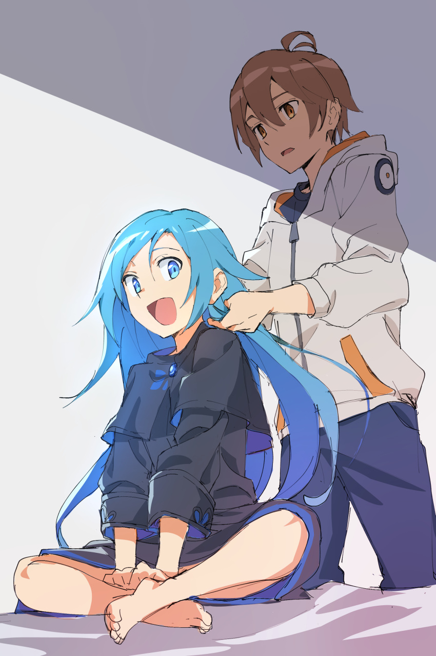 1boy, 1girl, absurdres, ahoge, black_robe, blue_eyes, blue_hair, brown_eyes