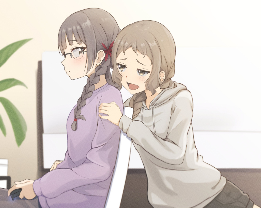 2girls, :d, black-framed_eyewear, black_hair, black_pants, black_shorts, blurry, blurry_background