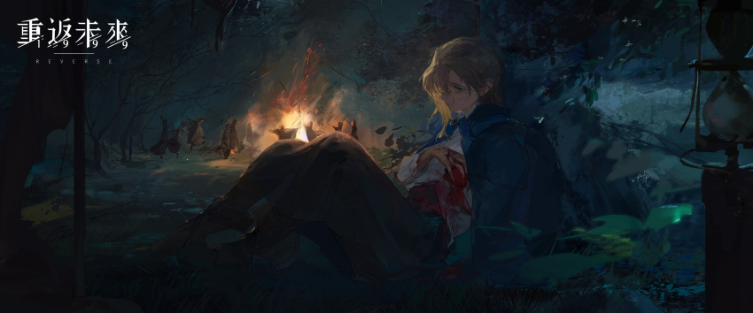 1girl, ankle_boots, black_skirt, bleeding, blonde_hair, blood, blood_on_clothes, blood_on_hands, blue_cape, blue_eyes, blue_neckerchief, boots, brown_footwear, campfire, cape, clenched_teeth, copyright_name, copyright_notice, dancing, dark, dark_background, dirty, fire, forest, from_side, full_body, hand_on_own_chest, highres, injury, logo, long_hair, long_skirt, long_sleeves, looking_at_viewer, nature, neckerchief, night, official_art, on_ground, outdoors, pain, paulina_(reverse:1999), people, profile, reverse:1999, ryona, shirt, sitting, skirt, solo_focus, teeth, tree, violence, white_shirt