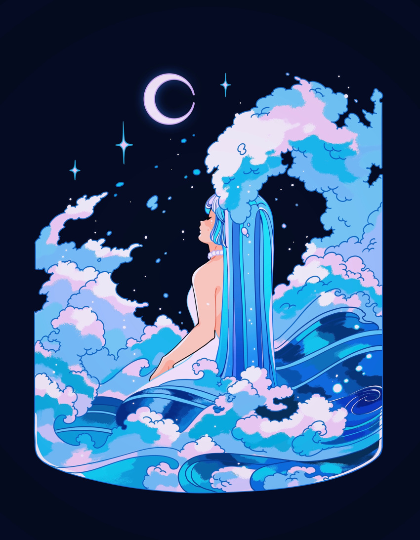 1girl, bare_shoulders, bead_necklace, beads, black_background, blue_hair, blue_theme, closed_eyes