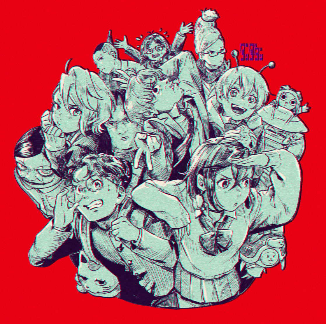 5girls, 6+boys, adjusting_eyewear, alien, arms_up, ayase_momo, ayase_seiko, backpack, bag, bow, bowtie, cat, chiquitita, cigarette, clenched_teeth, collared_shirt, commentary_request, copyright_name, cowboy_shot, dandadan, dress_shirt, earrings, elbow_on_another's_shoulder, father_and_son, flying_sweatdrops, gakuran, glasses, grandmother_and_granddaughter, greyscale_with_colored_background, hair_between_eyes, holding, holding_umbrella, hoop_earrings, jewelry, jin_enjoji, kawabanga_mai, kurarichaku, long_hair, long_sleeves, loose_bowtie, mouth_hold, mr._mantis_shrimp, multiple_boys, multiple_girls, necktie, open_mouth, red_background, round_eyewear, sakata_kinta, sawaki_rin, school_uniform, serpo_(dandadan), shiratori_aira_(dandadan), shirt, short_hair, sleeves_past_wrists, smile, takakura_ken_(dandadan), teeth, turbo_granny, turtle, umbrella, unji_zuma, upper_body, v