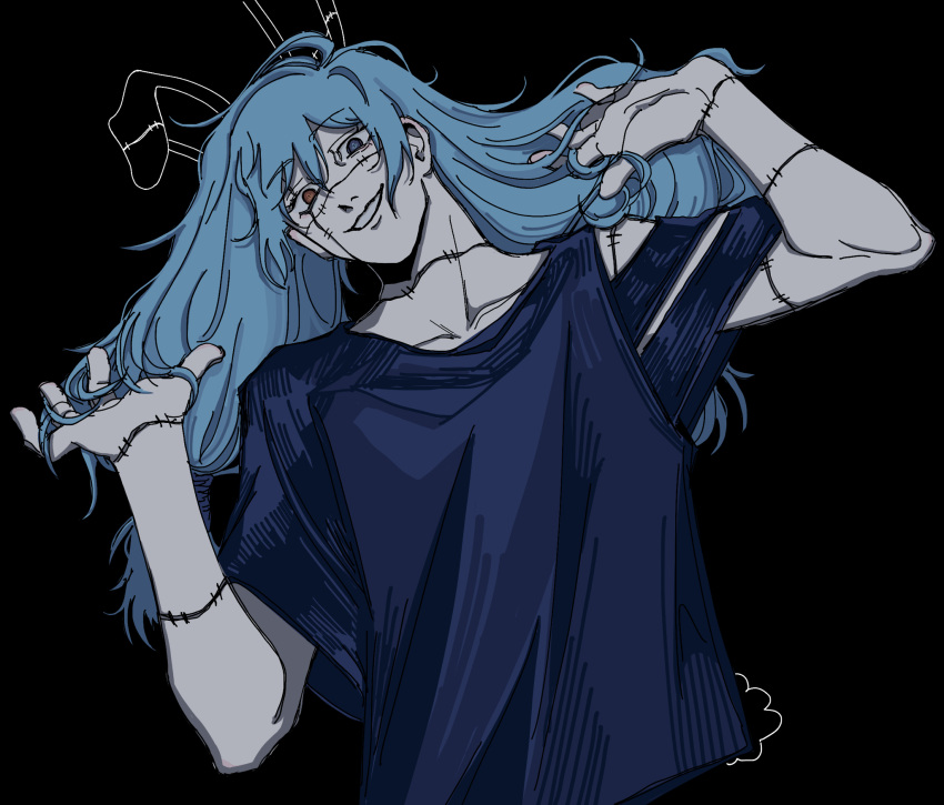 1boy, animal_ears, arms_up, asymmetrical_sleeves, black_background, blue_hair, blue_shirt, drawn_ears