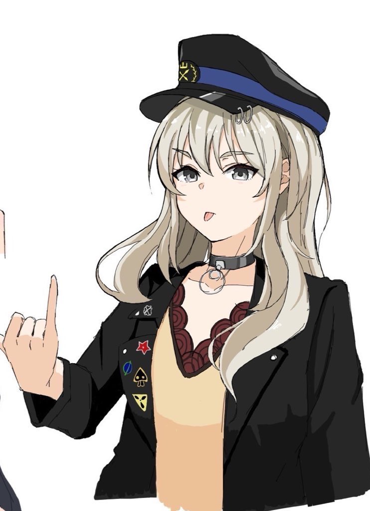 1girl, black_choker, black_hat, black_jacket, choker, commentary_request, girls_band_cry, grey_eyes, grey_hair, hair_between_eyes, hat, jacket, kawaragi_momoka, long_hair, long_sleeves, multicolored_hair, ngn_mahiro, oekaki, open_clothes, open_jacket, pinky_out, roots_(hair), simple_background, solo, tongue, tongue_out, upper_body, white_background