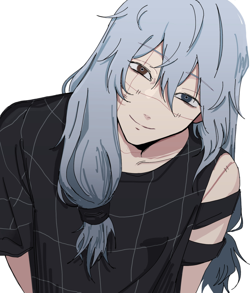 1boy, androgynous, black_shirt, blue_hair, closed_eyes, crew_neck, gioeiel, hair_between_eyes, hair_tie, head_tilt, heterochromia, highres, jujutsu_kaisen, light_blue_hair, long_hair, mahito_(jujutsu_kaisen), male_focus, patterned_clothing, ringed_eyes, scar, scar_on_face, scar_on_shoulder, shirt, short_sleeves, simple_background, single_bare_shoulder, smile, solo, upper_body, white_background
