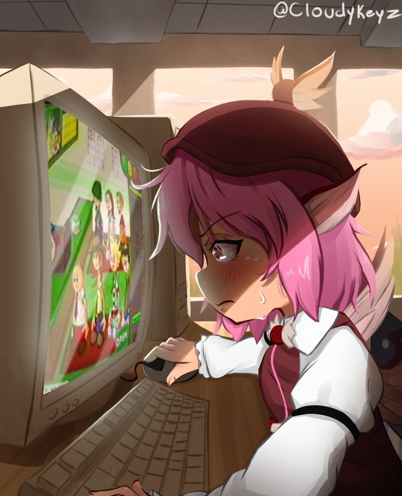 1girl, blush, character_request, cloudykeyz, commentary, computer, computer_keyboard, computer_mouse
