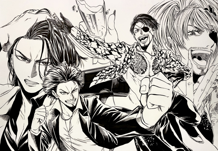 3boys, absurdres, afro, beard, black_footwear, black_gloves, black_hair, black_pants