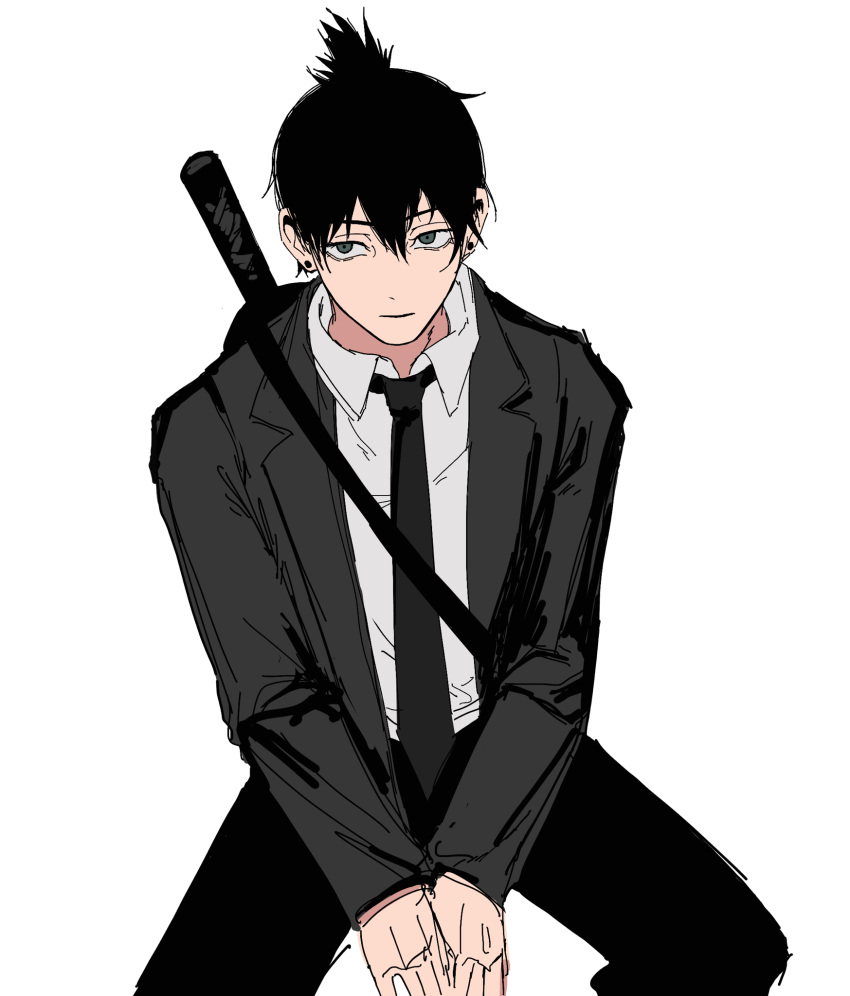 1boy, black_necktie, black_pants, black_suit, chainsaw_man, closed_mouth, collared_shirt, ear_piercing, earrings, gioeiel, grey_eyes, hair_between_eyes, hayakawa_aki, highres, jacket, jewelry, lapels, layered_clothes, long_sleeves, looking_to_the_side, male_focus, necktie, own_hands_together, pants, piercing, ponytail, shirt, short_ponytail, sideways_glance, simple_background, sitting, solo, stud_earrings, suit, suit_jacket, sword, sword_on_back, weapon, weapon_on_back, white_background, white_shirt, wing_collar