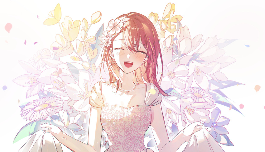 1girl, 385ane, absurdres, bare_arms, blue_flower, blue_petals, breasts, brown_hair