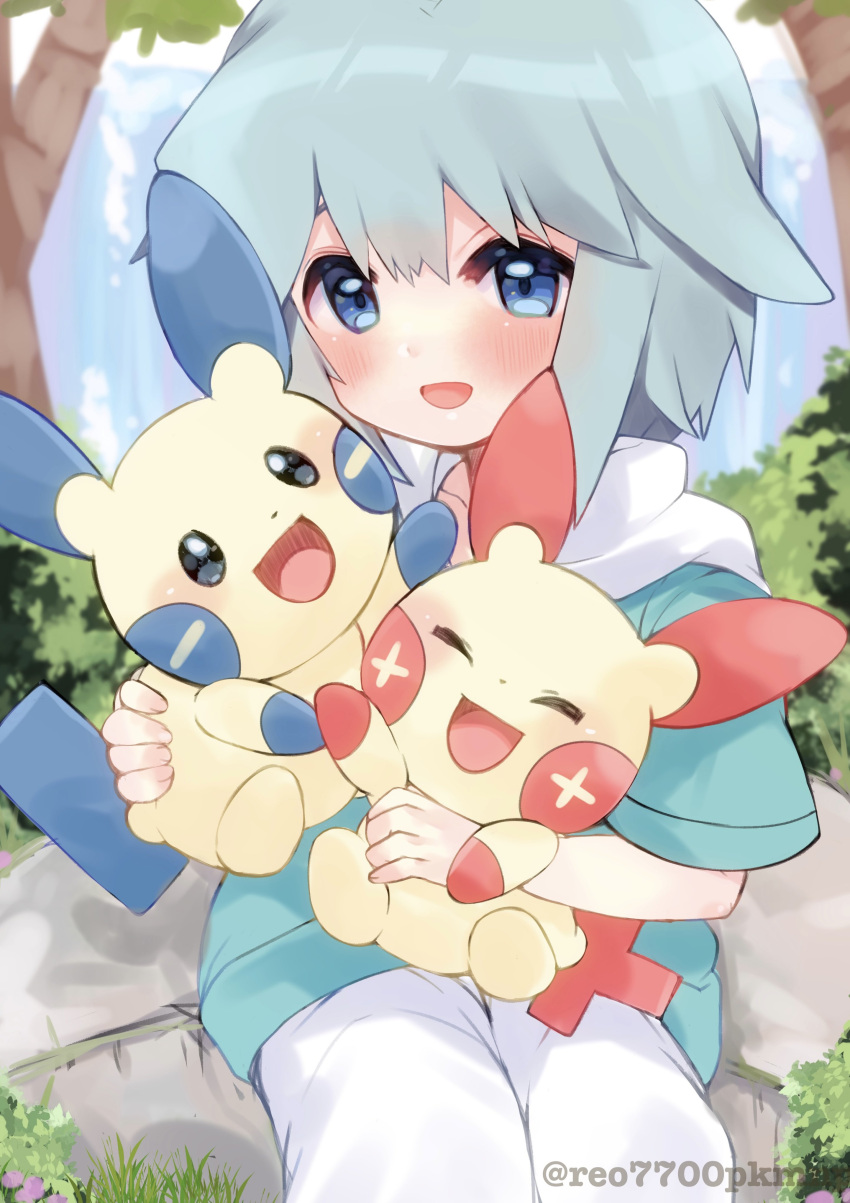1boy, absurdres, blue_eyes, blue_hair, blush, bush, closed_eyes, commentary_request