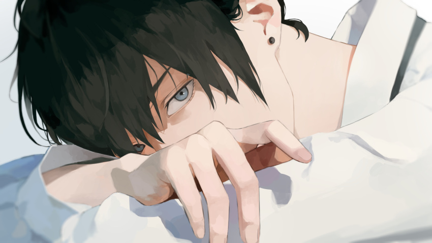 1boy, black_hair, blue_eyes, chainsaw_man, collared_shirt, commentary, covered_mouth, covering_own_mouth