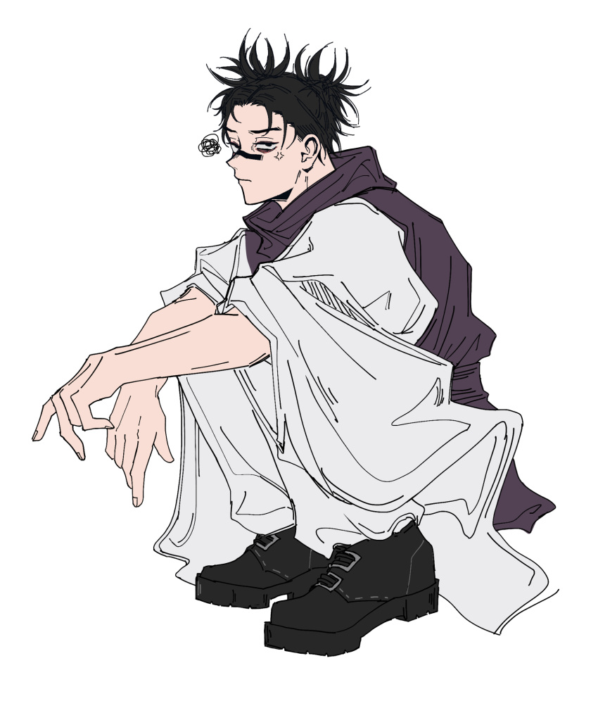 1boy, anger_vein, arm_on_knee, bags_under_eyes, black_footwear, black_hair, black_scarf, choso_(jujutsu_kaisen), closed_mouth, facial_tattoo, from_side, gioeiel, highres, jujutsu_kaisen, long_sleeves, looking_at_viewer, male_focus, messy_hair, robe, scarf, short_hair, solo, squatting, squiggle, tattoo, white_robe