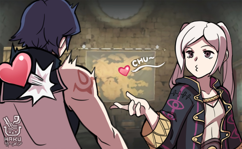 1boy, 1girl, black_robe, blowing_kiss, blue_hair, breasts, brown_eyes, chrom_(fire_emblem)