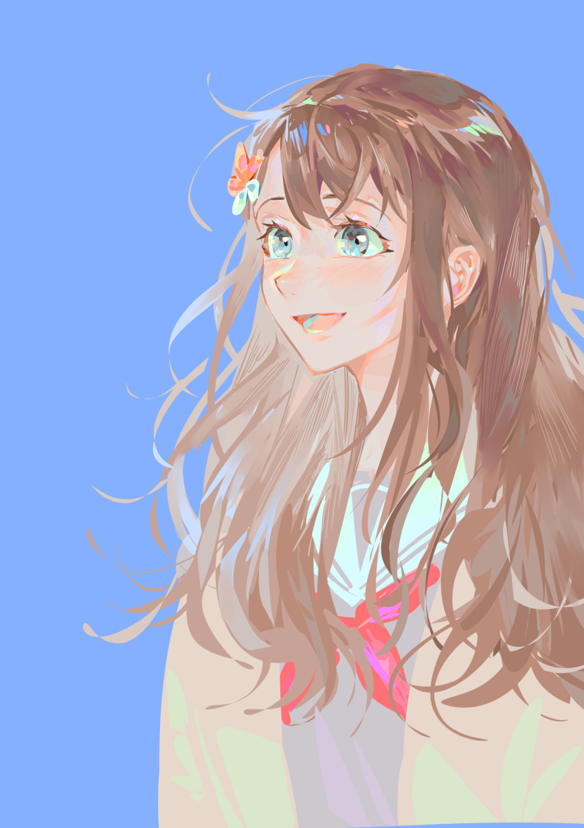 1girl, absurdres, alternate_hair_length, alternate_hairstyle, blue_background, bluish_gray_cat, brown_hair, cardigan