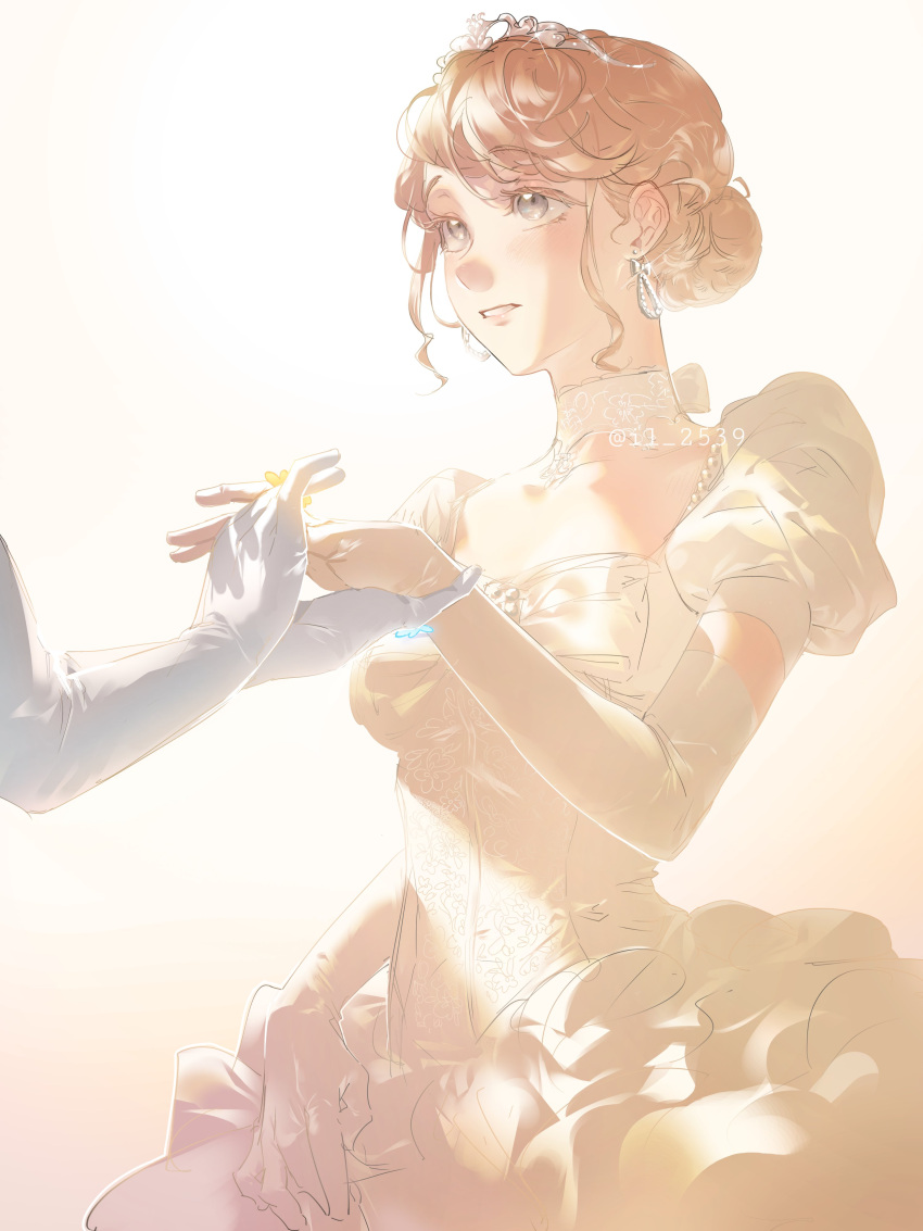 1girl, absurdres, adjusting_ring, arm_at_side, backlighting, bluish_gray_cat, bow, bow_earrings