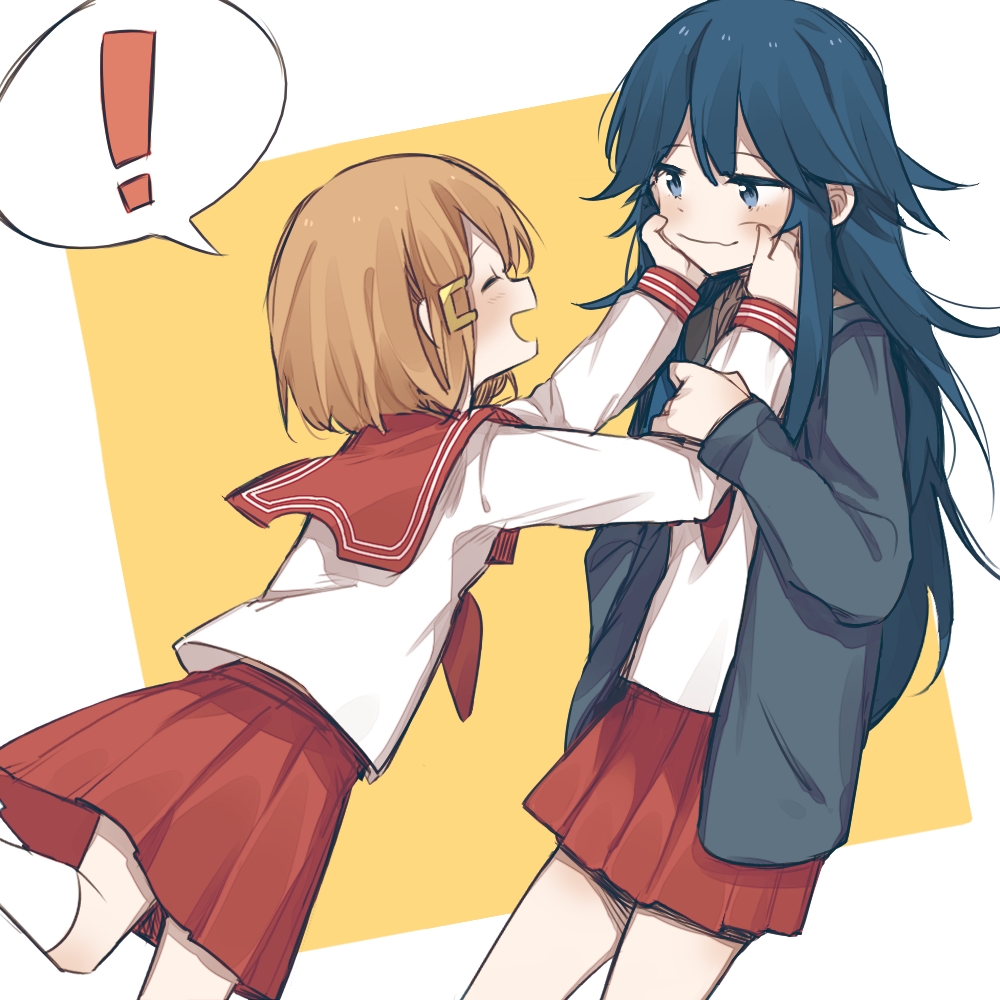 !, 2girls, :d, ^_^, black_jacket, blue_eyes, blue_hair, bob_cut