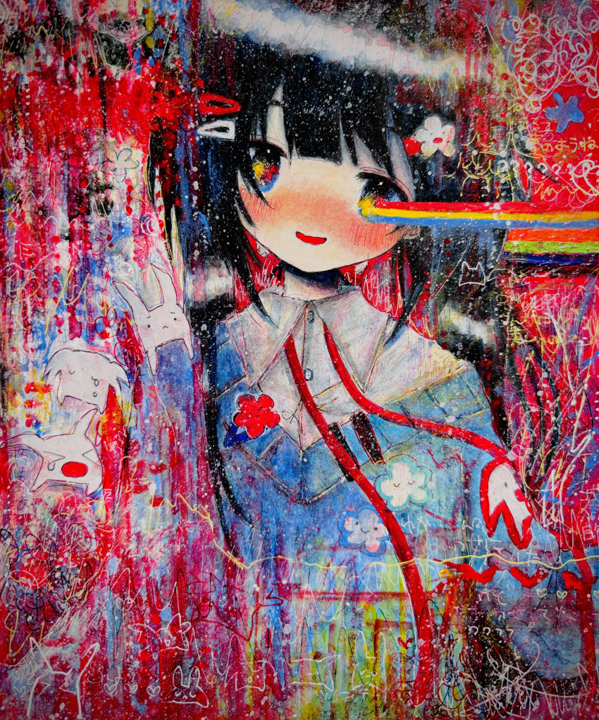 1girl, absurdres, black_hair, blue_sweater, blunt_bangs, blush, flower, hair_flower, hair_ornament, hairclip, highres, kaikanaaaaa, long_hair, multicolored_eyes, original, rabbit, ribbon, shirt, smile, sticker, sweater