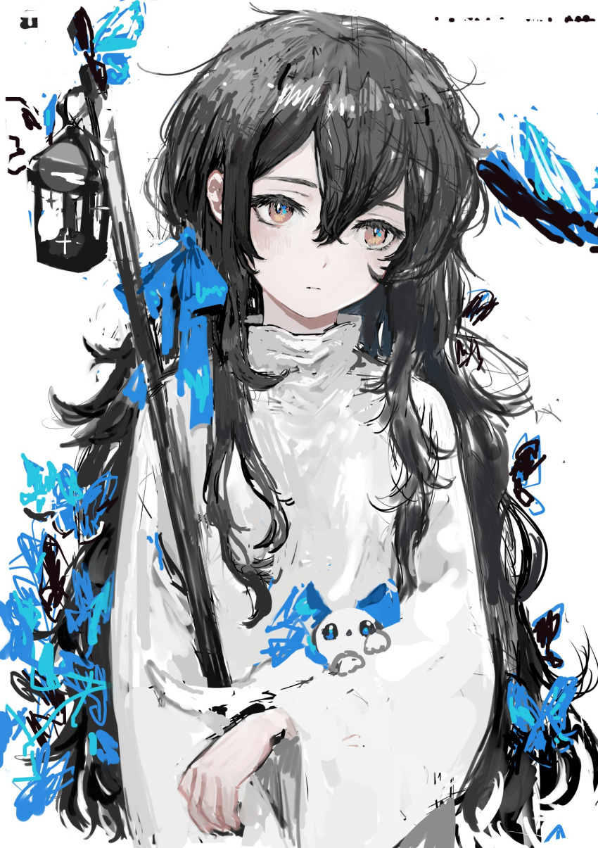 1girl, black_hair, blue_butterfly, blue_ribbon, bug, butterfly, creature_on_arm, dress, gregor_(tsurunoka), hair_between_eyes, highres, lead_white_(tsurunoka), long_hair, long_sleeves, original, ribbon, simple_background, sketch, staff, tsumetai_(tsurunoka), white_background, white_dress