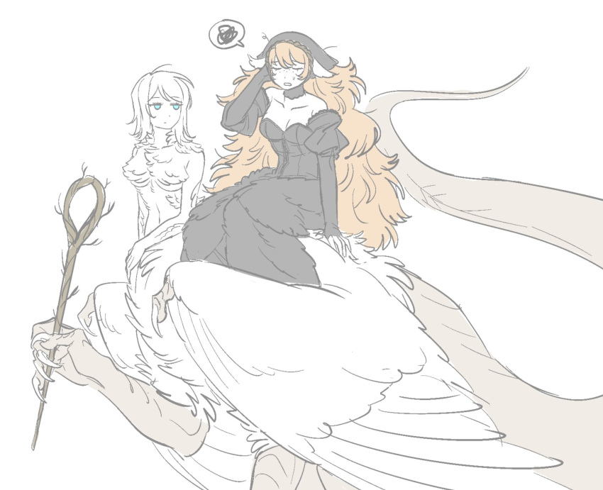 2girls, black_dress, cosplay, dress, falin_touden, falin_touden_(chimera), falin_touden_(chimera)_(cosplay), faust_(project_moon), highres, ishmael_(project_moon), limbus_company, long_hair, marcille_donato, marcille_donato_(lord), marcille_donato_(lord)_(cosplay), monster_girl, multiple_girls, ohzv, orange_hair, project_moon, sitting, sitting_on_person, spoken_squiggle, squiggle, very_long_hair, white_hair