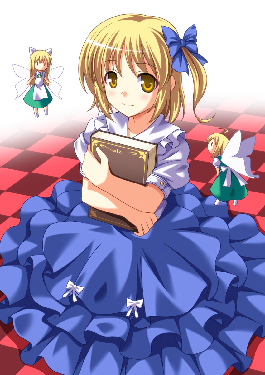 alice_margatroid, alice_margatroid_(pc-98), alternate_hairstyle, bad_id, blonde_hair, bow, butterfly_wings, checkered, checkered_floor, doll, dress, fairy_wings, hair_bow, highres, minigirl, short_hair, side_ponytail, sitting, smile, solo, soukai_(lemonmaiden), touhou, touhou_(pc-98), wings, yellow_eyes