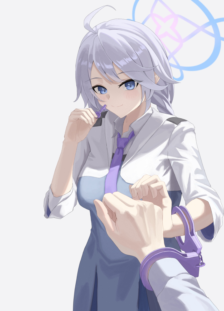 1girl, 1other, absurdres, ahoge, alternate_hairstyle, azashiro_kp, blue_archive, blue_eyes, blue_halo, blush, braid, cowboy_shot, cuffs, dress, grey_background, grey_dress, halo, handcuffs, highres, holding, holding_key, jacket, key, kirino_(blue_archive), necktie, no_hairclip, no_headwear, police, police_uniform, policewoman, purple_necktie, sensei_(blue_archive), shirt, simple_background, smile, swept_bangs, twin_braids, white_hair, white_jacket, white_shirt