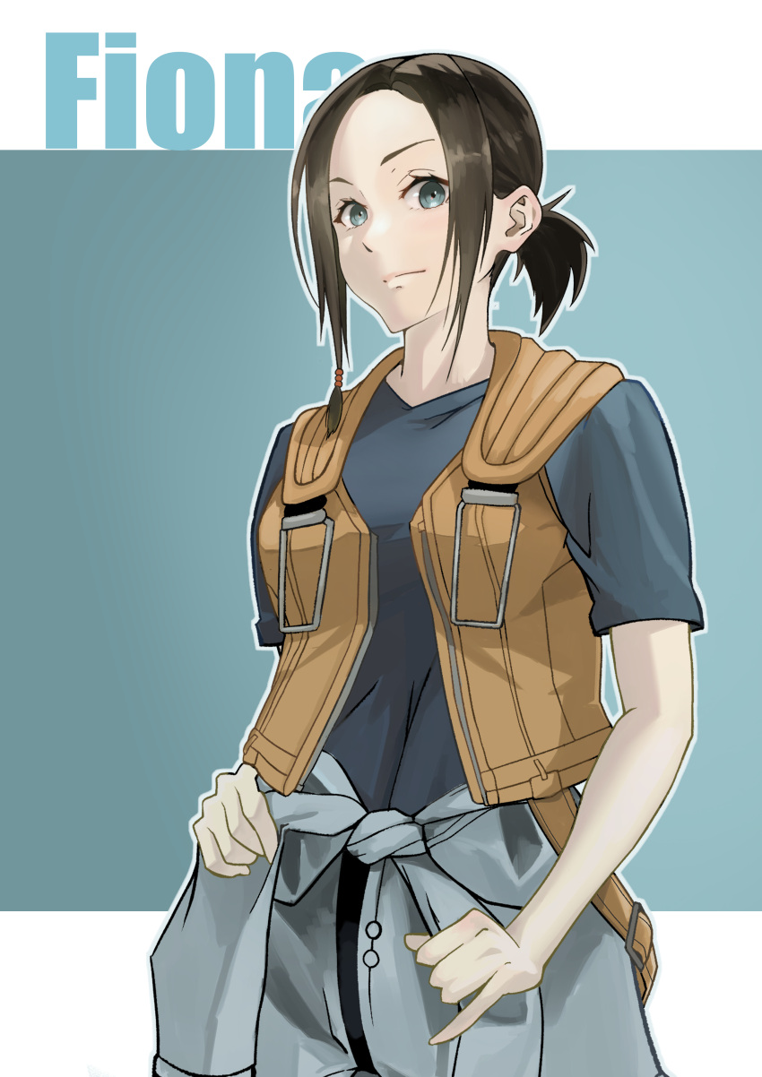 1girl, absurdres, ace_combat, ace_combat_3, black_shirt, brown_hair, character_name, commentary_request
