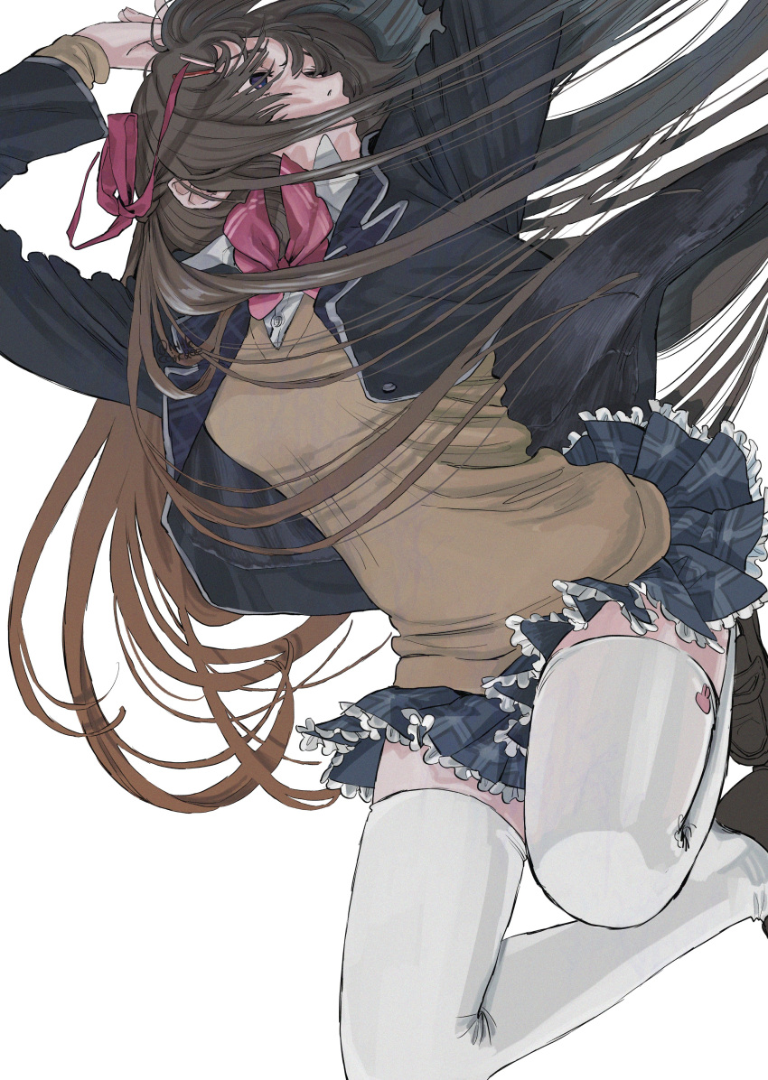 1girl, absurdres, arms_up, black_hair, blue_eyes, bow, bowtie, floating_hair