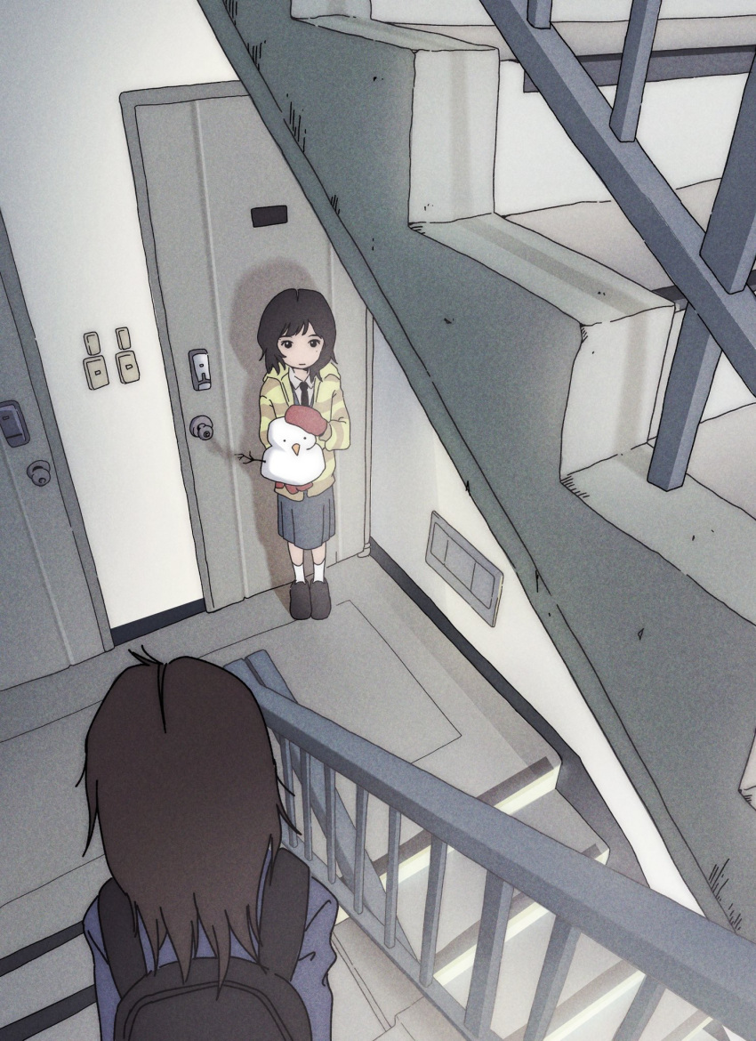 2girls, bag, brown_hair, door, highres, icecream_juba, multiple_girls, original
