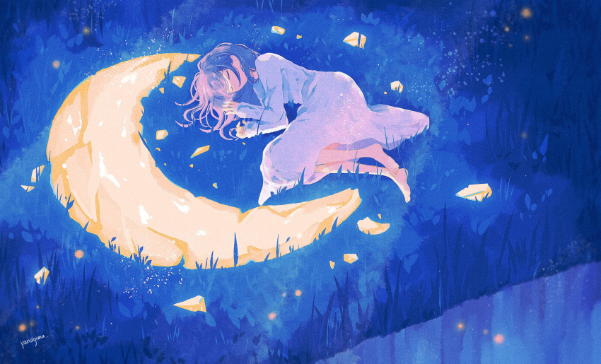 1girl, artist_name, broken_pieces, commentary, commentary_request, crescent, crescent_moon, fantasy, fetal_position, fireflies, glowing_motes, highres, imagining, moon, nightgown, original, signature, sleeping, surreal, yanagima_yu03
