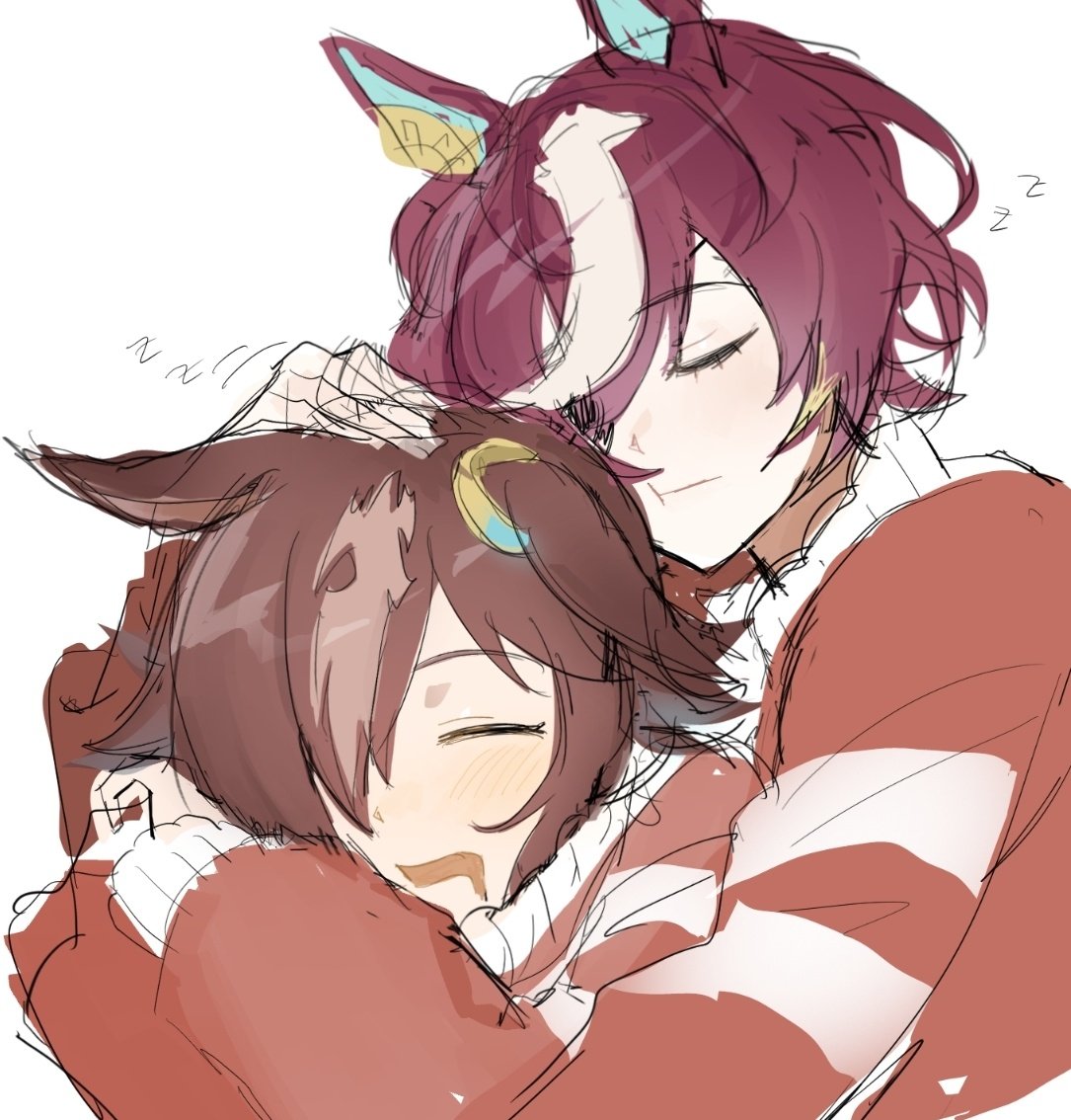 2girls, :t, affectionate, animal_ears, astronghouse, blush, brown_hair, closed_eyes