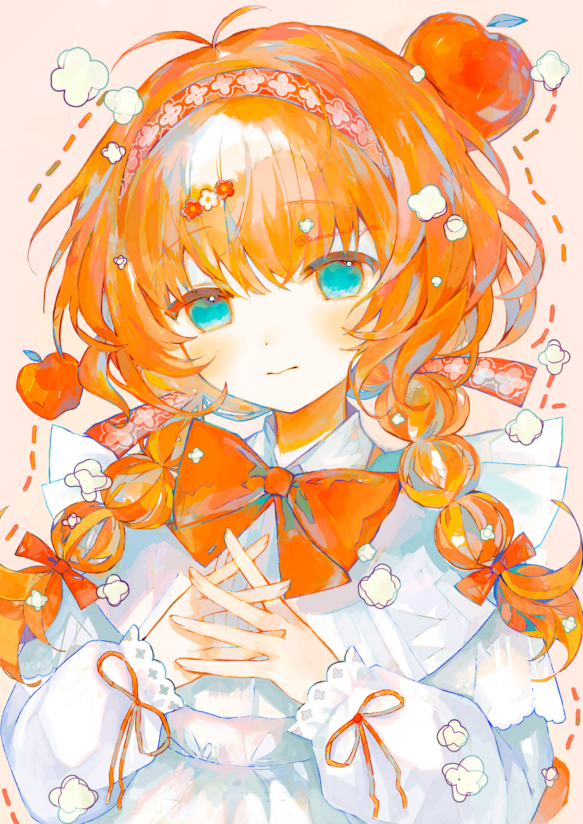 1girl, absurdres, antenna_hair, apple, blue_eyes, blush, bow, bowtie, braid, commentary, dotted_line, english_commentary, food, fruit, hair_bow, hair_ornament, hair_ribbon, hairband, hairclip, highres, irodori_warabi, long_hair, long_sleeves, looking_at_viewer, orange_hair, original, own_hands_together, ribbon, sleeve_ribbon, solo, twin_braids, upper_body