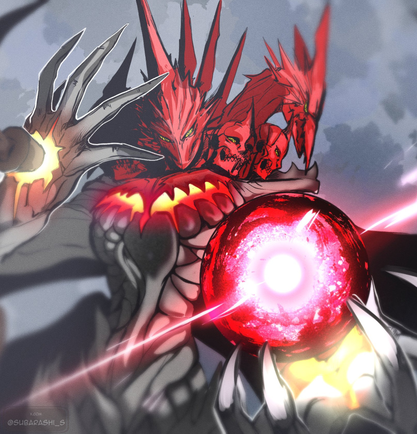 armor, artist_name, black_armor, broken, clouds, cloudy_sky, colored_skin, demon, demon_horns, dragon, dragon_horns, energy, energy_ball, hand_up, highres, horns, looking_at_viewer, magic, multiple_heads, nail_(hardware), no_mouth, orb, red_skin, satan_(smt), shin_megami_tensei, shin_megami_tensei_iv_final, shin_megami_tensei_v, shin_megami_tensei_v:_vengeance, single_horn, skull, sky, spikes, subarashi_s, twitter_username, yellow_eyes