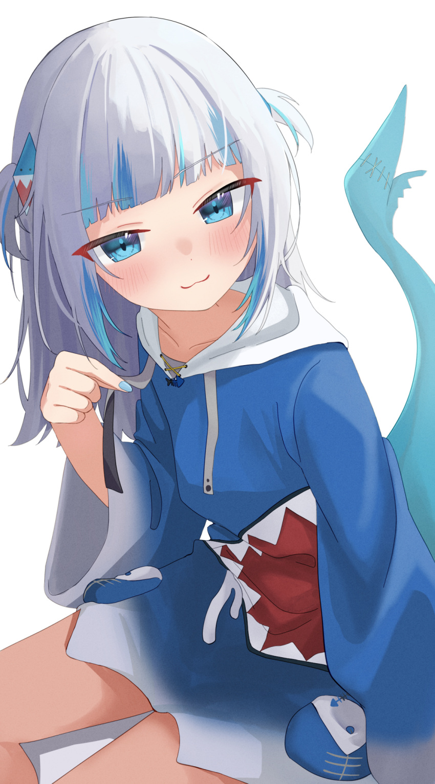 1girl, :3, animal_costume, animal_hood, blue_eyes, blue_hair, blue_hoodie, blue_nails