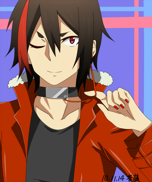 bust, collar, multicolored_hair, nail_polish, red_eyes, rook_(utau), saito_katuo, solo