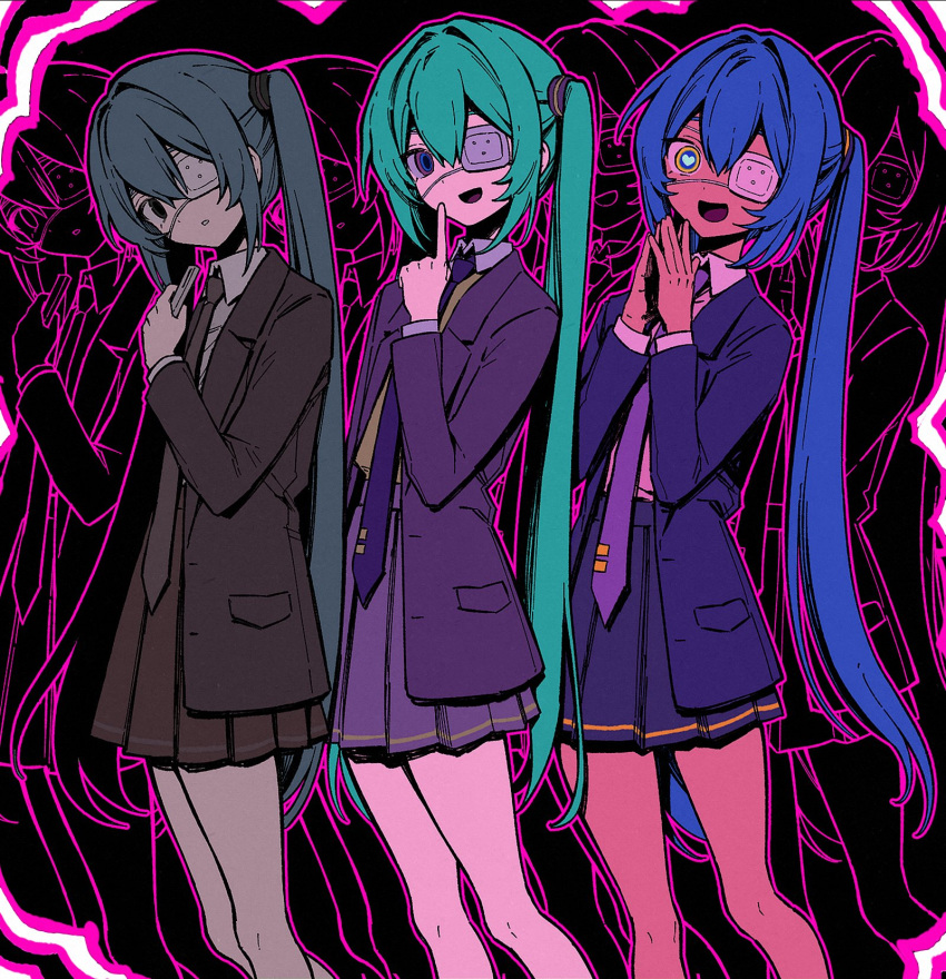 1girl, aqua_hair, blue_hair, blue_jacket, blue_skirt, brown_jacket, brown_necktie, brown_skirt